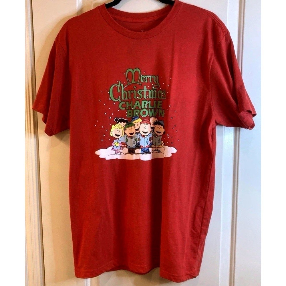 Peanuts Graphic Tshirt Unisex Large Short  Red Merry Christmas Charlie Brown